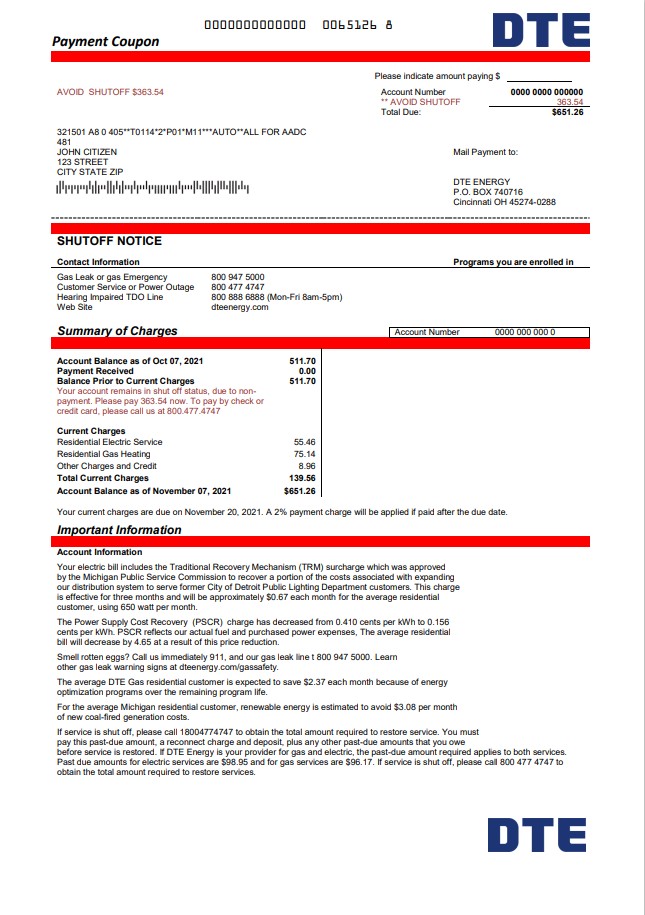 USA Michigan DTE Energy utility bill template in Word and PDF format